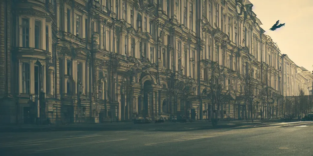 Prompt: cinematic street shot of a flying laputa city, saint petersburg, telephoto, anamorphic cinematography, beautiful composition, color theory, leading lines, photorealistic, moody volumetric lighting