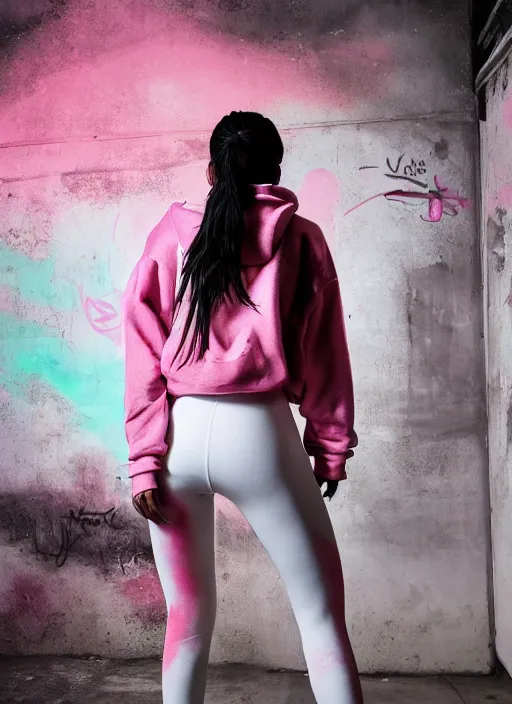 Prompt: kylie jenner doing graffiti in a derelict room, dust mist, rear-shot, pov from behind, tight white leggings with a pink hoody with hood up, mold, greenery, intricate, epic lighting, cinematic composition, hyper realistic, 8k resolution, unreal engine 5