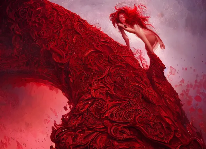 Image similar to woman in love sit upon a scarlet coloured beast, pain, royal dress, light effect, hyper detailed, intricate, elegant, highly detailed, digital painting, artstation, concept art, matte, sharp focus, illustration, by james jean, andrei riabovitchev, marc simonetti, yoshitaka amano