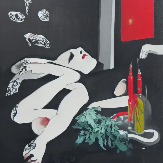 Image similar to empty room with black walls, sensual portrait of a woman sleeping, japanese vase, white flowers, puddle of water, octopus, squashed berries, neo - expressionism, surrealism, acrylic and spray paint and oilstick on canvas