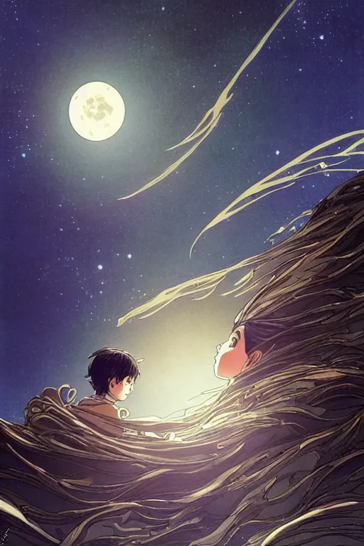 Prompt: a full moon containing the glimmering stairways to otherworldly galaxies, high intricate details, rule of thirds, golden ratio, cinematic light, anime style, graphic novel by fiona staples and dustin nguyen, by beaststars and orange, peter elson, alan bean, studio ghibli, makoto shinkai