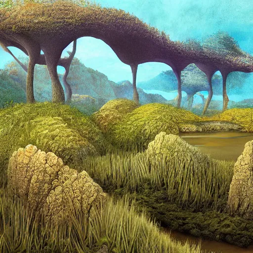 Image similar to artistic digital artwork of a lush natural scene on an alien planet. beautiful landscape by lurid ( 2 0 2 2 ), michael whelan, remedios varo, gerardo dottori. weird vegetation. cliffs and water. grainy and rough. interesting pastel colour palette. beautiful light. oil and water colour based on high quality render.