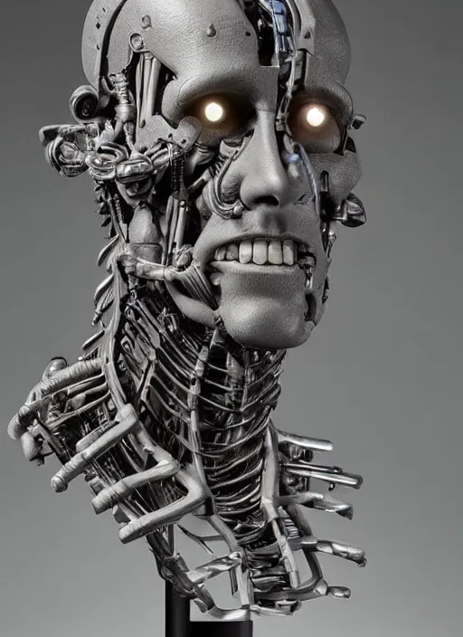 Prompt: a bust sculpture of anatomical detailed cyborg, steve carell, blue blood, become human, ceramic base, orthographic, studio lighting