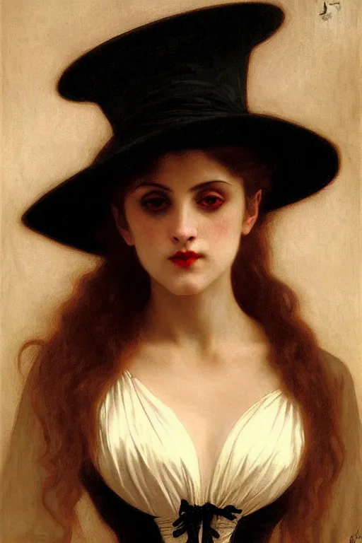 Prompt: victorian vampire in a big hat painting by rossetti bouguereau, detailed art, artstation