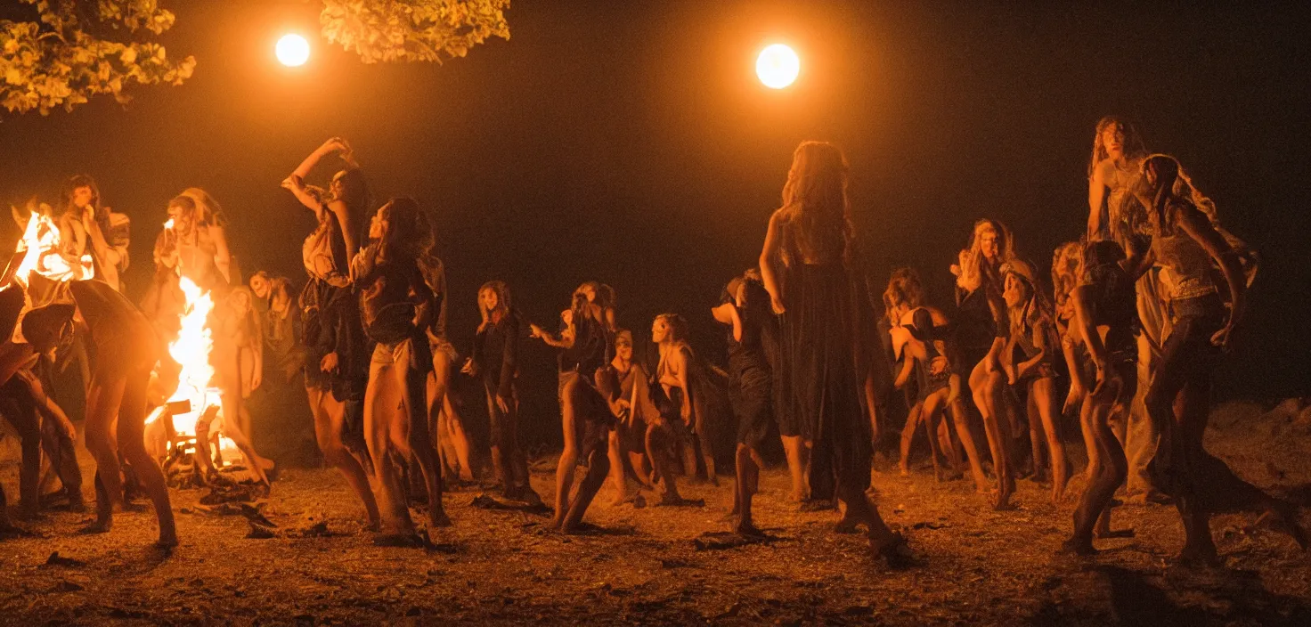 Prompt: a very high resolution image from a new movie. an half moon in the mountains while young women dance in the firelight at the satanic ritual, 2 4 mm, photorealistic, photography, night directed by wes anderson