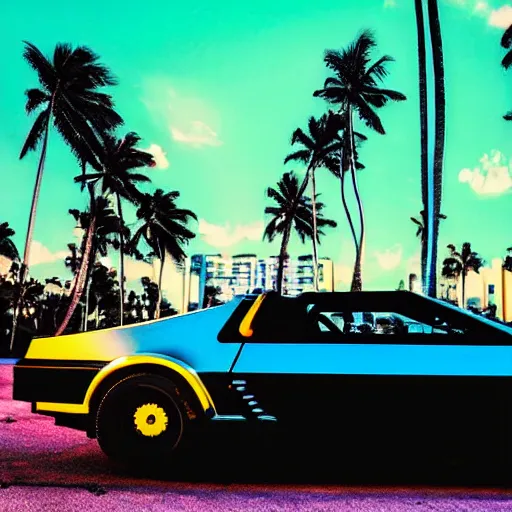 Prompt: deep dark style alien sunset electronic monster vibrant colours miami beach sunset vapor wave palm trees 80s synth retrowave delorean close up ultra detail contrast specular metal car