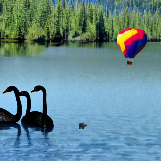 Image similar to photo of two black swans touching heads in a beautiful reflective mountain lake, a colorful hot air balloon is flying above the swans, hot air balloon, intricate, 8k highly professionally detailed, HDR, CGsociety