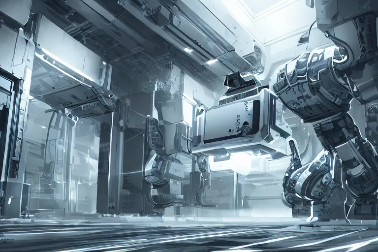 Image similar to parallax datacenter server room single mono colossus white rusty android robosaurus guard in artstation cinematic detailed concept art volumetric light sharp coherent cgsociety symmetric perfect server equipment