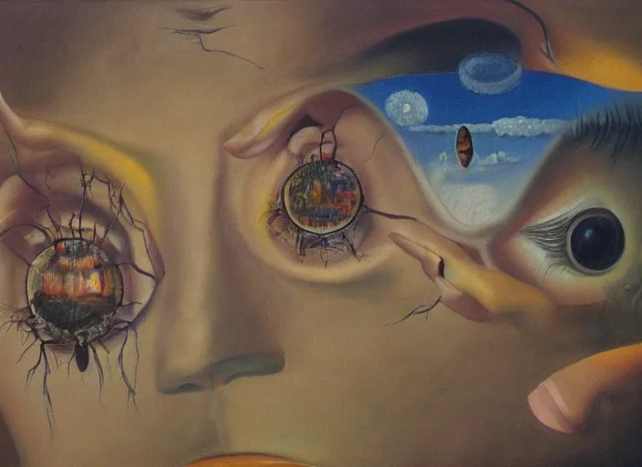 Prompt: a realistic surrealist oil painting that depict the lyrics : your touch divides i see distance in in your eyes please sing me to sleep tonight