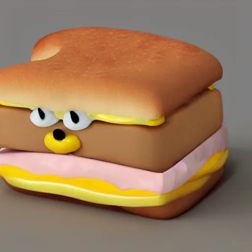 Image similar to a cute cartoon sandwich spewing cheese, 3D render, Unreal Engine, 4K