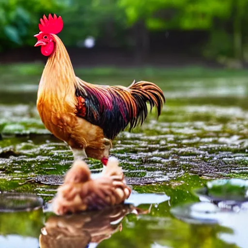 Prompt: chicken rooster standing in a pond photo bokeh depth field