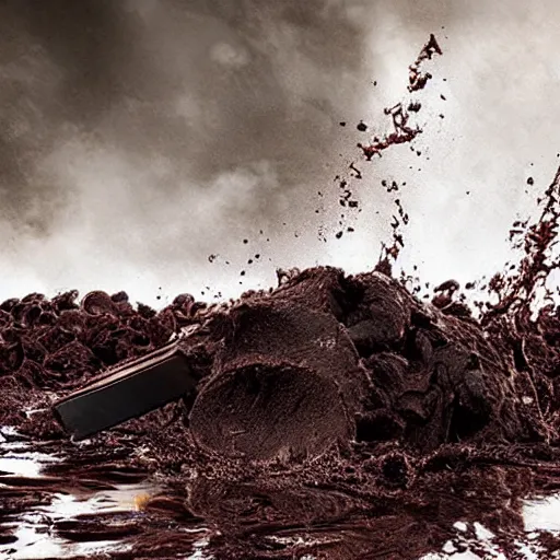 Image similar to tsunami of liquid chocolate on new york, post apocalyptic, cinematic