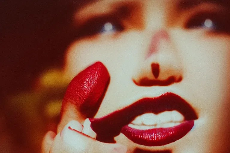 Image similar to film photography, gonzo, close-up of а woman\'s mouth with smeared lipstick , golden hour, 35mm, motion blur