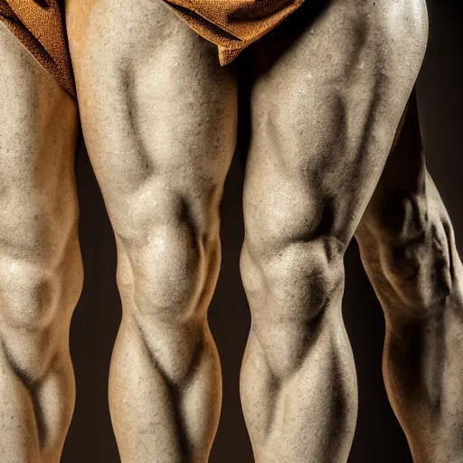 Prompt: stunning close up photograph of marble sculpture of strong masculine man's legs made of marble set on fine gold base, masculine texture background, 40mm lens, shallow depth of field, split lighting