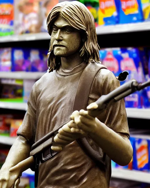 Image similar to photograph of bronze statue of kurt cobain holding a shotgun in a toys r us, photo - realism, 8 k, cinematic,