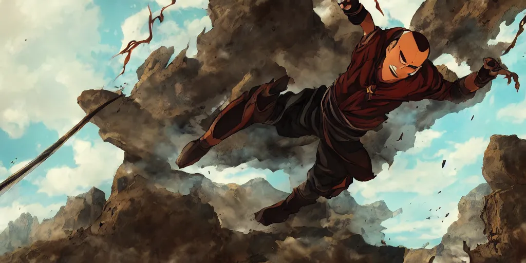 Prompt: Avatar Aang flying above the battlefield and destroying everything. Highly detailed, artstation, dramatic, dark.