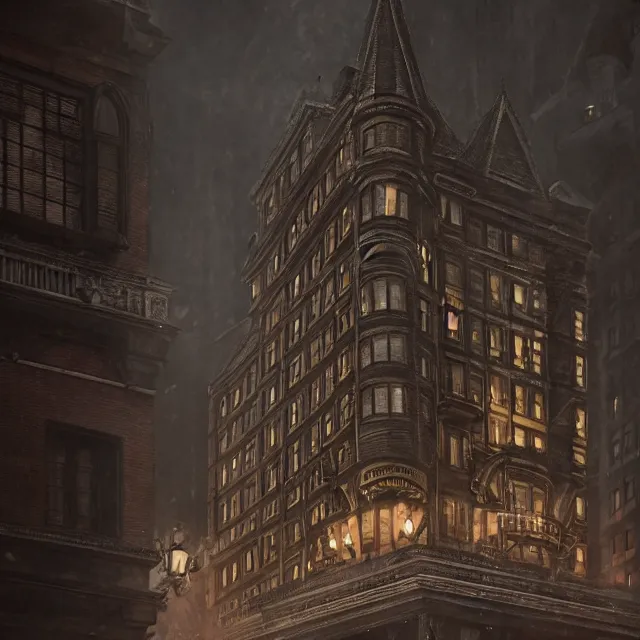 Image similar to action scene painting of a 1 9 2 0 s gothic style hotel in downtown boston, overlooking a dark street, architectural, atmospheric lighting, brooding, painted, intricate, ultra detailed, well composed, best on artstation, cgsociety, epic, stunning, gorgeous, intricate detail, much wow, masterpiece, cinematic aesthetic octane render, 8 k hd resolution,