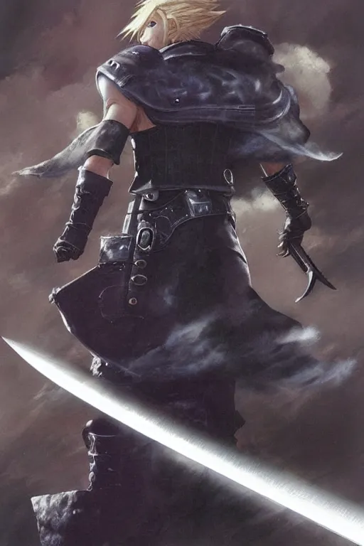 Prompt: Final Fantasy 7’s Cloud with a sword, concept art, by James Gurney and Jean Moebius Giraud, artstation.