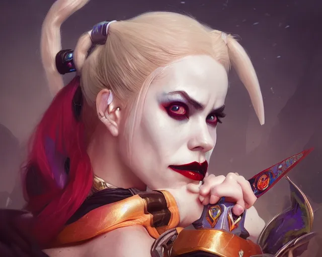 Image similar to photography of harley quinn, deep focus, d & d and mtg, fantasy, intricate, elegant, highly detailed, digital painting, artstation, concept art, matte, sharp focus, illustration, hearthstone, art by artgerm and greg rutkowski and alphonse mucha