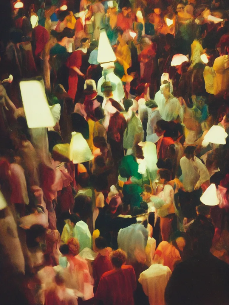 Prompt: dramatic scene shallow depth of field medium shot uncanny surreal photograph of a colorful intimate art studio in 1 9 9 5 titled'light on the crowd and ', photographed by william eggleston and ken price and man ray, grainy shocking detail trending on artstation 8 k