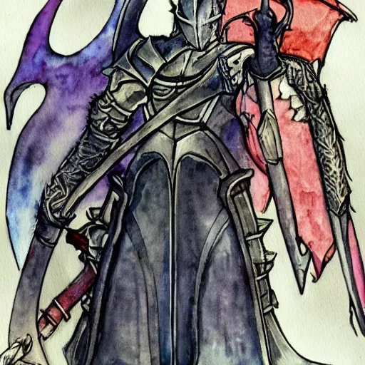 Prompt: watercolor, final fantasy tactics character design, dark souls, knight wearing plate armor, knight wearing helmet, faceless, character portrait, evil, shrouded in darkness, harry clarke artwork