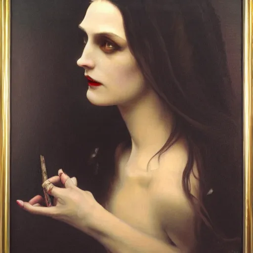 Image similar to A beautiful painting of a lady vampire, victorian, dracula, ominous, oil on canvas, photorealism, alphonse mucha, irwin penn, high definition, soft light