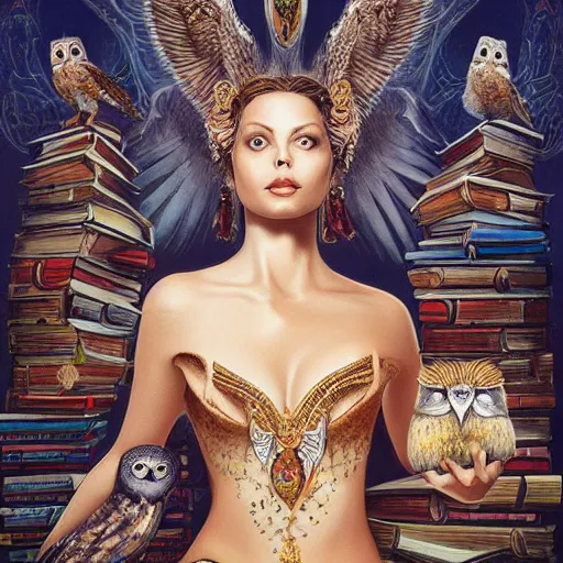 Image similar to a portrait of ornella muti as the goddess minerva surrounded by stacks of books, and owls, bioluminescent gown with deep level of detail of esoteric symbols, intricate, elegant, highly detailed, digital painting, trending on artstation, concept art, smooth sharp focus, illustration, art by artgerm and greg rutkowski