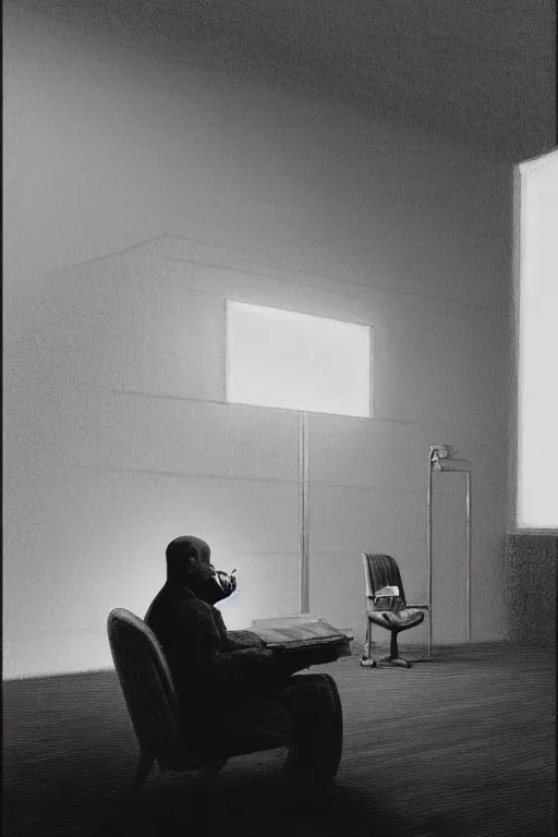 Image similar to Security guard sitting in a chair and watching monitor screens while smoking a cigarette, highly detailed, soft lighting, elegant, Wayne Barlowe, Edward Hopper and James Gilleard, Zdzislaw Beksinski, Steven Outram, highly detailed