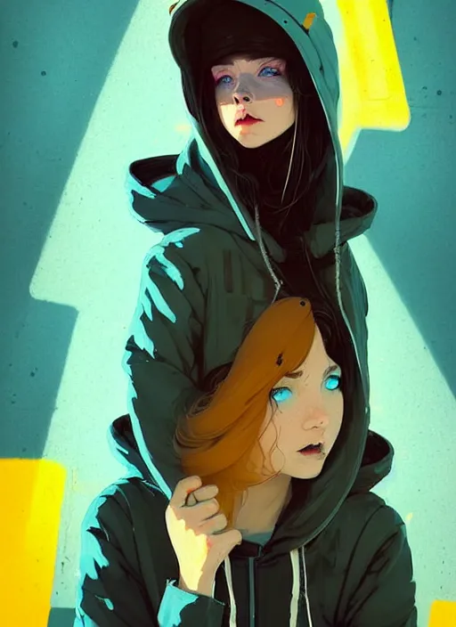 Image similar to highly detailed portrait of a sewerpunk pretty young adult lady, blue eyes, hoody, hat, by atey ghailan, by greg rutkowski, by greg, tocchini, by james gilleard, by joe fenton, by kaethe butcher, gradient yellow, black, brown and cyan color scheme, grunge aesthetic!!! ( ( graffiti tag street background ) )
