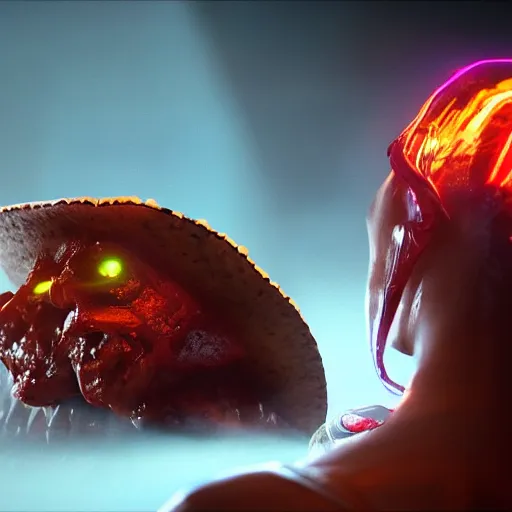 Image similar to portrait of a evil taco possessed by demon, expression, unreal engine, by artgerm, wlop and ross thran, dramatic cinematic lighting rendered by octane, 8 k, detailed