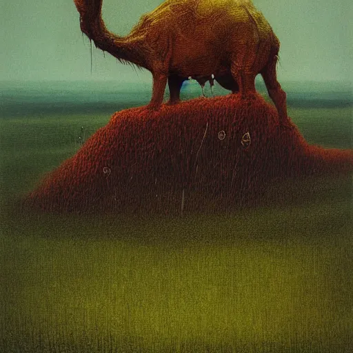 Image similar to A scary animal like creature standing in a lush green field, drawing by Beksinski