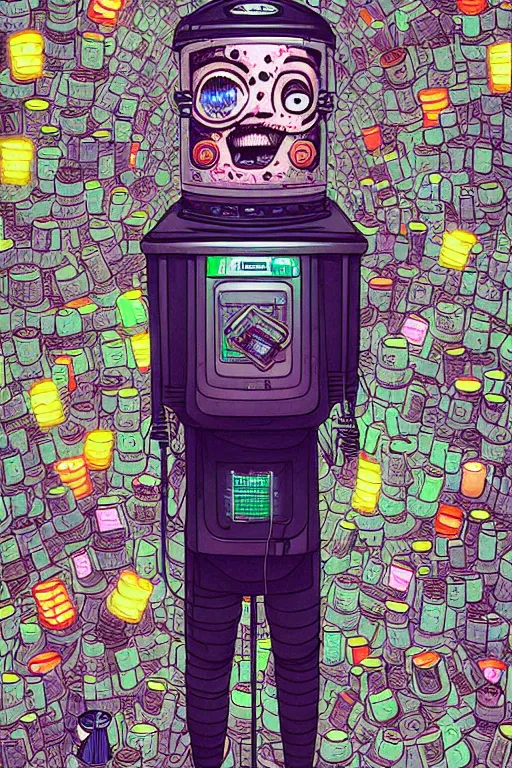 Image similar to full view, from a distance, of anthropomorphic trashcan from the novel neuromancer by william gibson, style of yoshii chie and hikari shimoda and martine johanna, highly detailed