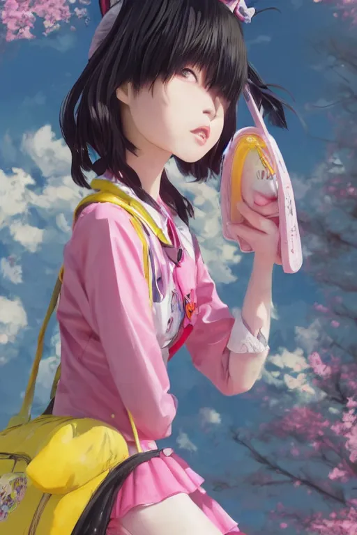 Image similar to lovely japanese girl, pink hair covered with hairpins, big eyes, yellow lolita jacket, huge schoolbag, pink shorts, inflatable sandals. future technology,, fantasy art by saruei and guweiz and ilya kuvshinov, sleek curves, intricate sharp focus, trending on artstation hq, deviantart, pinterest, unreal engine 5, 4 k uhd image