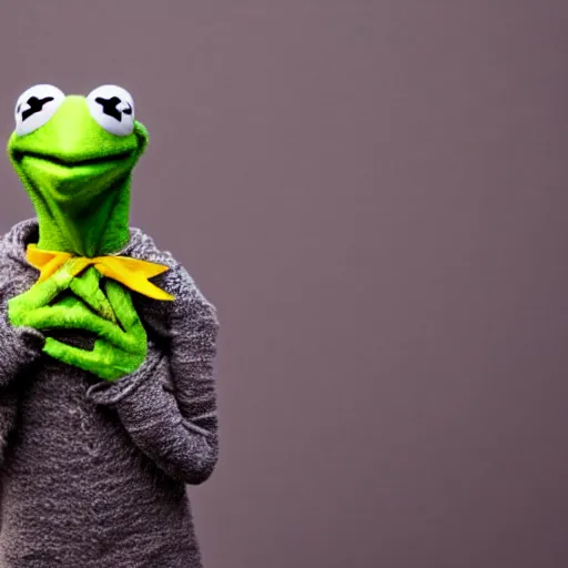 Prompt: kermit the frog looking sad and afraid at the camera, dark background, one hand is in mouth as a sign of fear