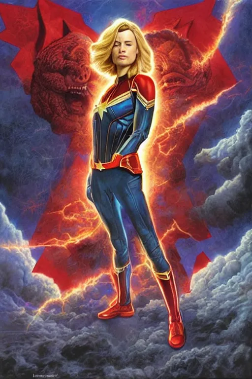 Image similar to captain marvel. art by tomasz alen kopera and glenn fabry and alex ross.