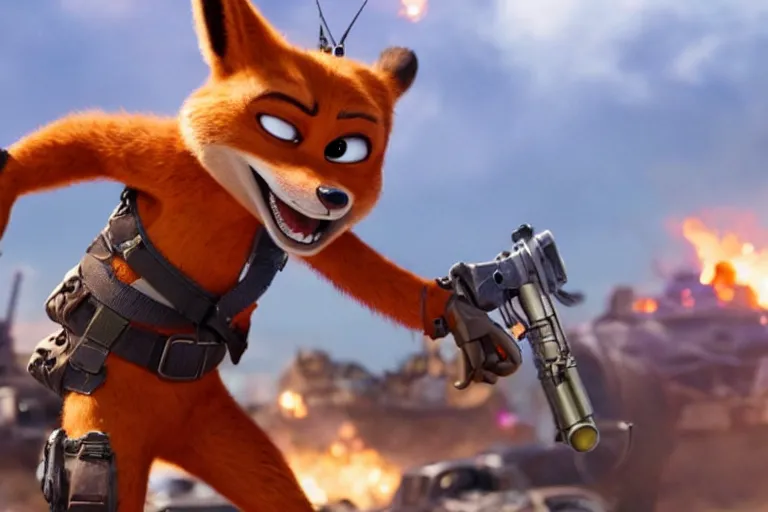 Image similar to nick wilde ( from zootopia ), heavily armed and armored facing down armageddon in a dark and gritty reboot from the makers of mad max : fury road