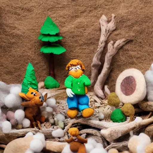 Prompt: high - res photograph of a claymation sculpture action figure cute fluffy critters, highly detailed sculpey diorama, forest setting, waterfall backdrop, realistic materials, wood, felt, cloth, burlap, smooth, sharp foccus, commercial product photography,