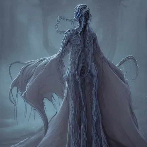 Image similar to concept designs for an ethereal ghostly wraith like figure with a squid like parasite latched onto its head and long tentacle arms that flow lazily but gracefully at its sides like a cloak while it floats around a frozen rocky tundra in the snow searching for lost souls and that hides amongst the shadows in the trees, this character has hydrokinesis and electrokinesis for the resident evil village video game franchise with inspiration from the franchise Bloodborne as a muppet from sesame street, photo realistic, photography, sesame street, bloodborne, resident evil