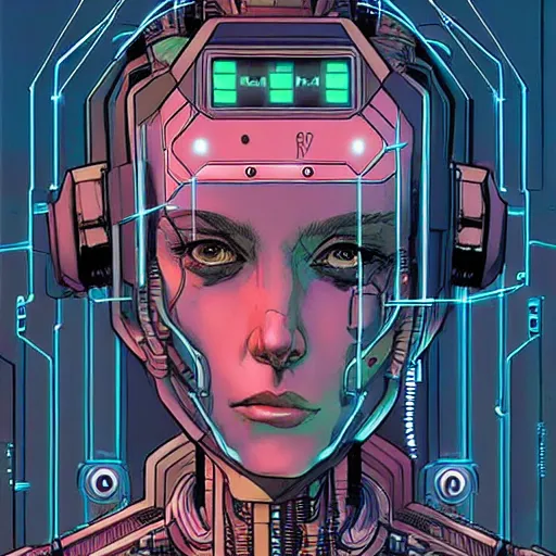 Image similar to a portrait of a beautiful cybernetic woman connected to a synthesizer from hell, wires, cyberpunk concept art by josan gonzales and enki bilal