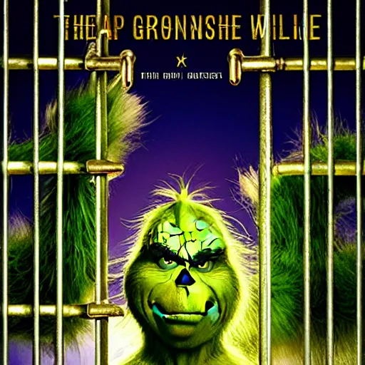 Image similar to The Grinch in maximum security prison behind bars, movie poster, indoors, highly detailed, portrait, 8k, smooth, gritty, action movie, rated R