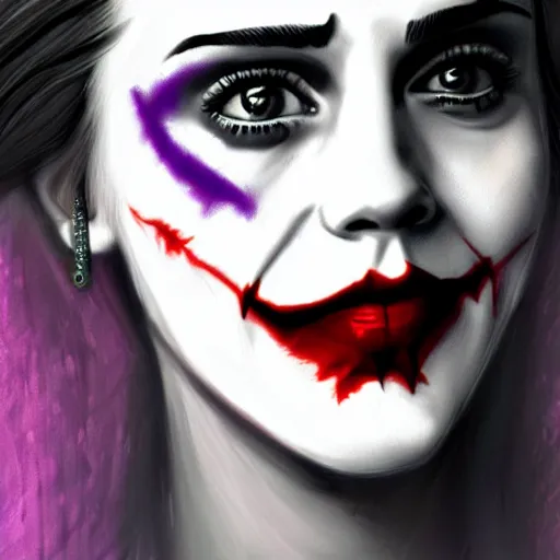 Image similar to Emma Watson as The Joker, highly detailed, realistic face, digital art