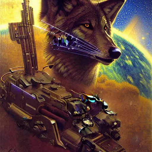 Image similar to portrait of a wolf in uniform starship stars laser gun. shadowrun furaffiniy cyberpunk fantasy highly detailed painting by gaston bussiere craig mullins jc leyendecker gustav klimt artgerm greg rutkowski john berkey, bergey, craig mullins, ruan jia, raymond swanland, jeremy mann, tom lovell, alex malveda