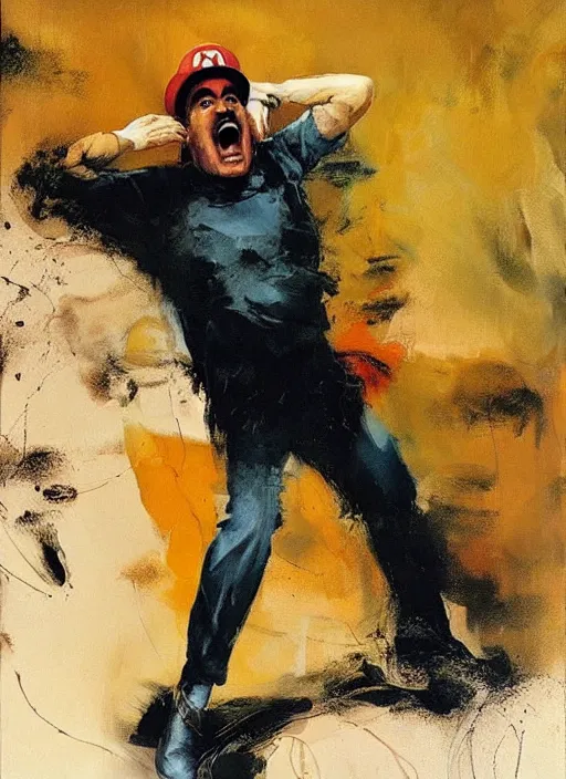 Image similar to mario screaming, painting by phil hale, fransico goya,'action lines '!!!, graphic style, visible brushstrokes, motion blur, blurry