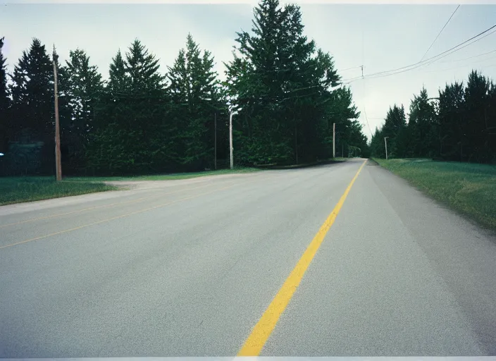 Prompt: A disposable camera picture of an empty street in a small rural Canadian suburb, Kodak Fling 200, 1983