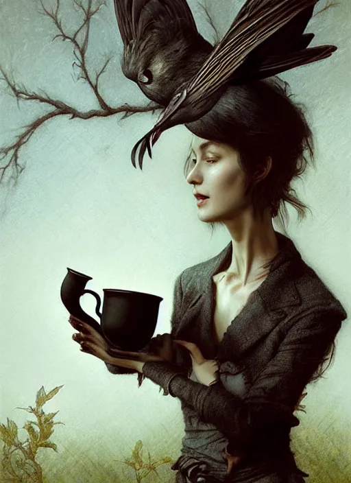 Image similar to a bird holds a cup of tea in its hands, hyperrealism, no blur, 4 k resolution, ultra detailed, style of tyler edlin, tom bagshaw, arthur rackham, ivan shishkin