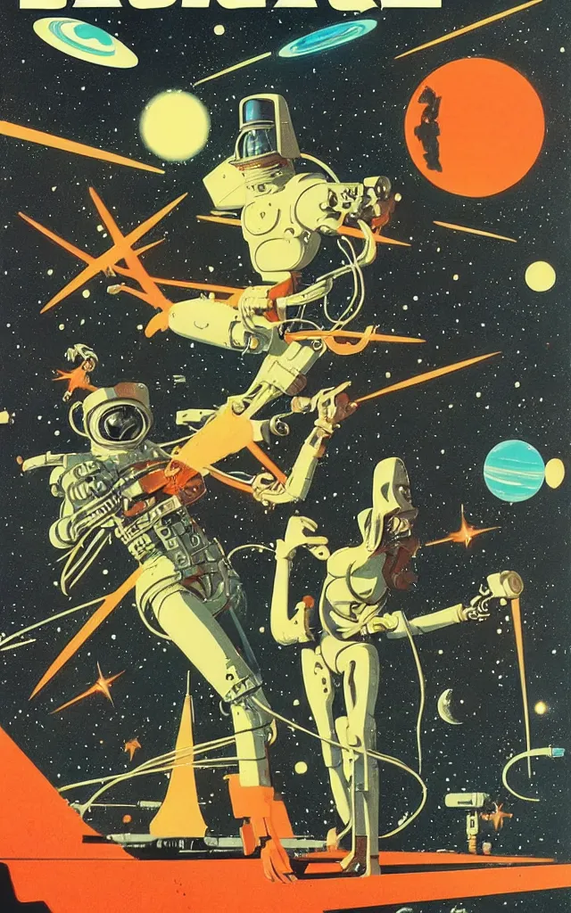 Image similar to space cowboy cyborg. space fantasy. bauhaus art. retro comicbook art. dean ellis.