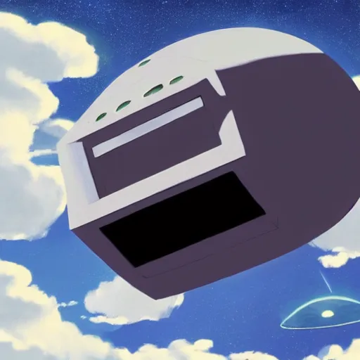 Image similar to an asymmetrical cell - shaded studio ghibli concept art study of a huge silver cube ufo in the sky. an elegant alien is on the ground. very dull colors,, hd, 4 k, hq