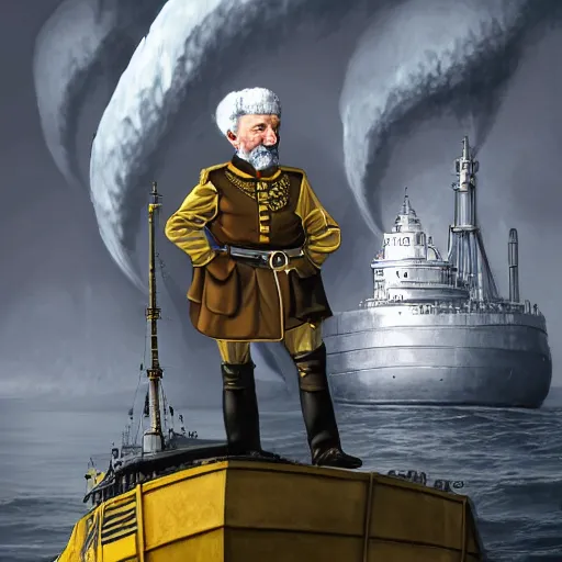 Image similar to a old man in officer suit of russian empire, gray hair and beard, standing near giant yellow dieselpunk ship, colored, photorealistic, high detailed