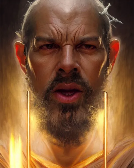 Image similar to realistic portrait of a nasty bishop, cross, evil, heroic pose, beautiful face, bible, full body, dramatic lighting, intricate, wild, highly detailed, digital painting, artstation, concept art, smooth, sharp focus, illustration, art by artgerm and greg rutkowski and alphonse mucha, footage from space camera