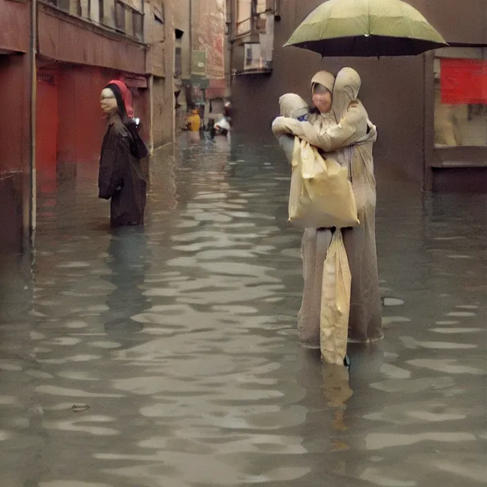 Prompt: two women hugging with a paper bag over the head, dressed in plastic bags, on flooded street of tokyo, highly detailed, artstation, art by , edward hopper, zdislav beksinski, wayne barlowe